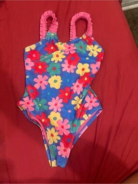 wonder nation Bright Blue Floral One-Piece Swimsuit with Pink Ruffle Straps